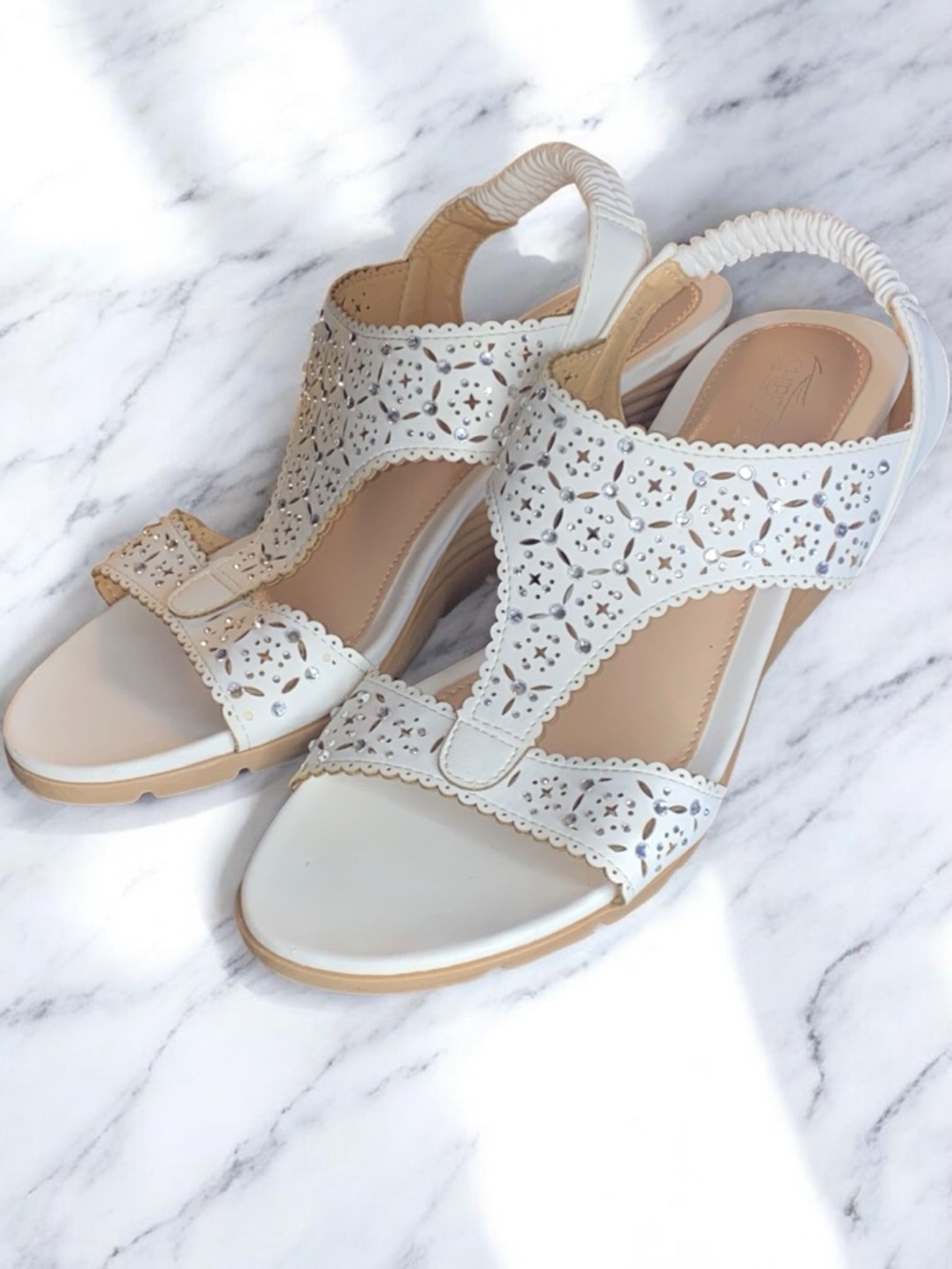 white wedge sandals SHIBEVER low-heel rhinestone elastic ankle strap sandals.